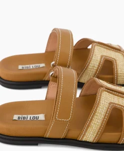 Online Sandaal Zonder Hak Leather And Rafia Licht Bruin Dames Sandalen