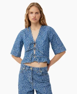Online Blouse Jacquard Denim Flounce Tie Midden Blauw Dames Blouses