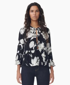 Ganni Blouse Printed Crepe Peplum Zwart*Dames Blouses