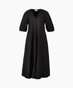 Outlet Maxi Jurk Cotton Poplin V-Neck Long Zwart Dames Jurken