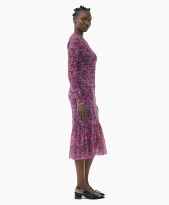 Hot Midi Jurk Printed Mesh Long Sleeve Gathered Roze Dames Jurken