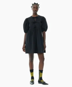 Ganni Mini Jurk Cotton Poplin Tie String Zwart*Dames Jurken