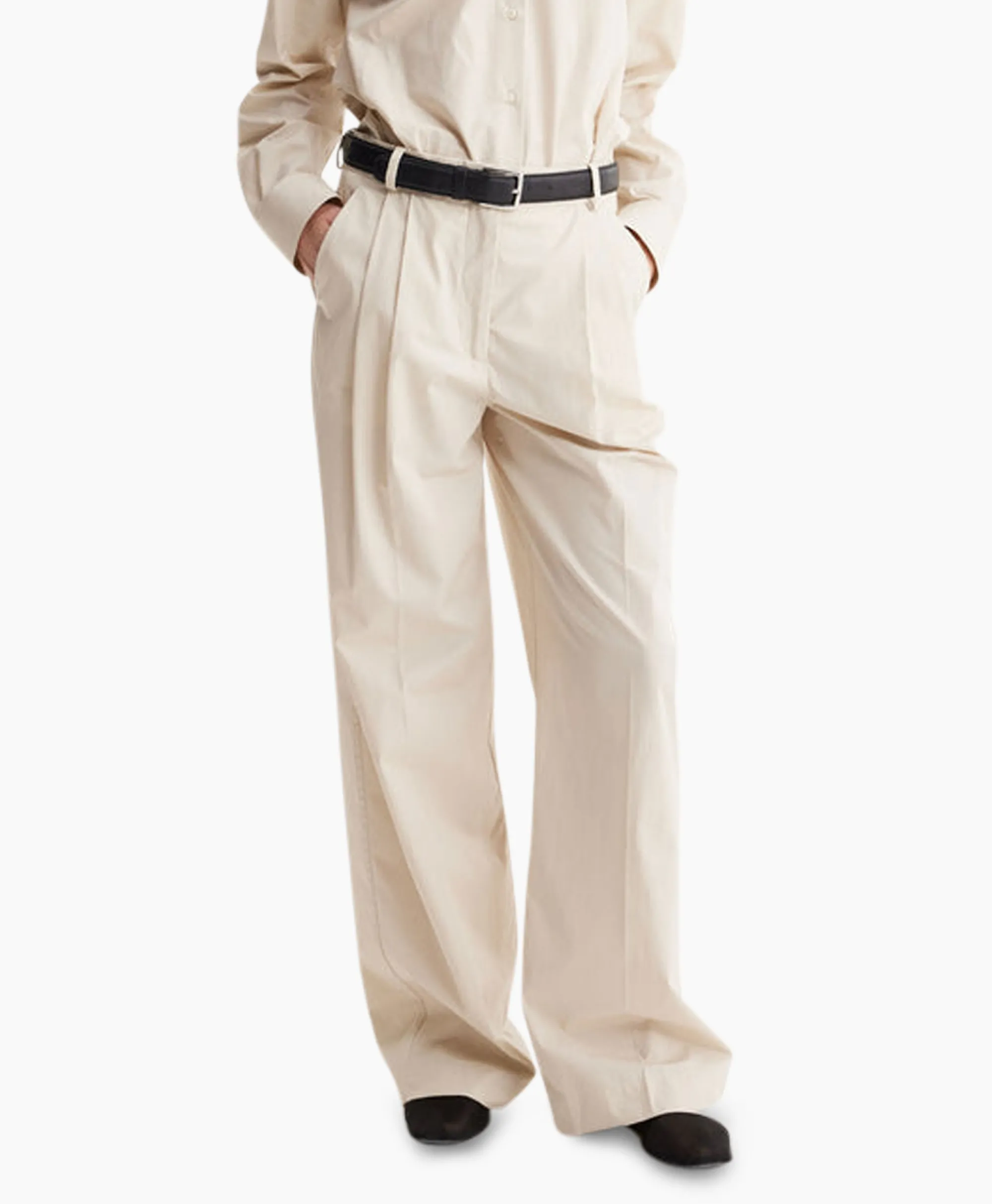 New Pantalon Wide Leg Pleated Chino Zand Dames Broeken