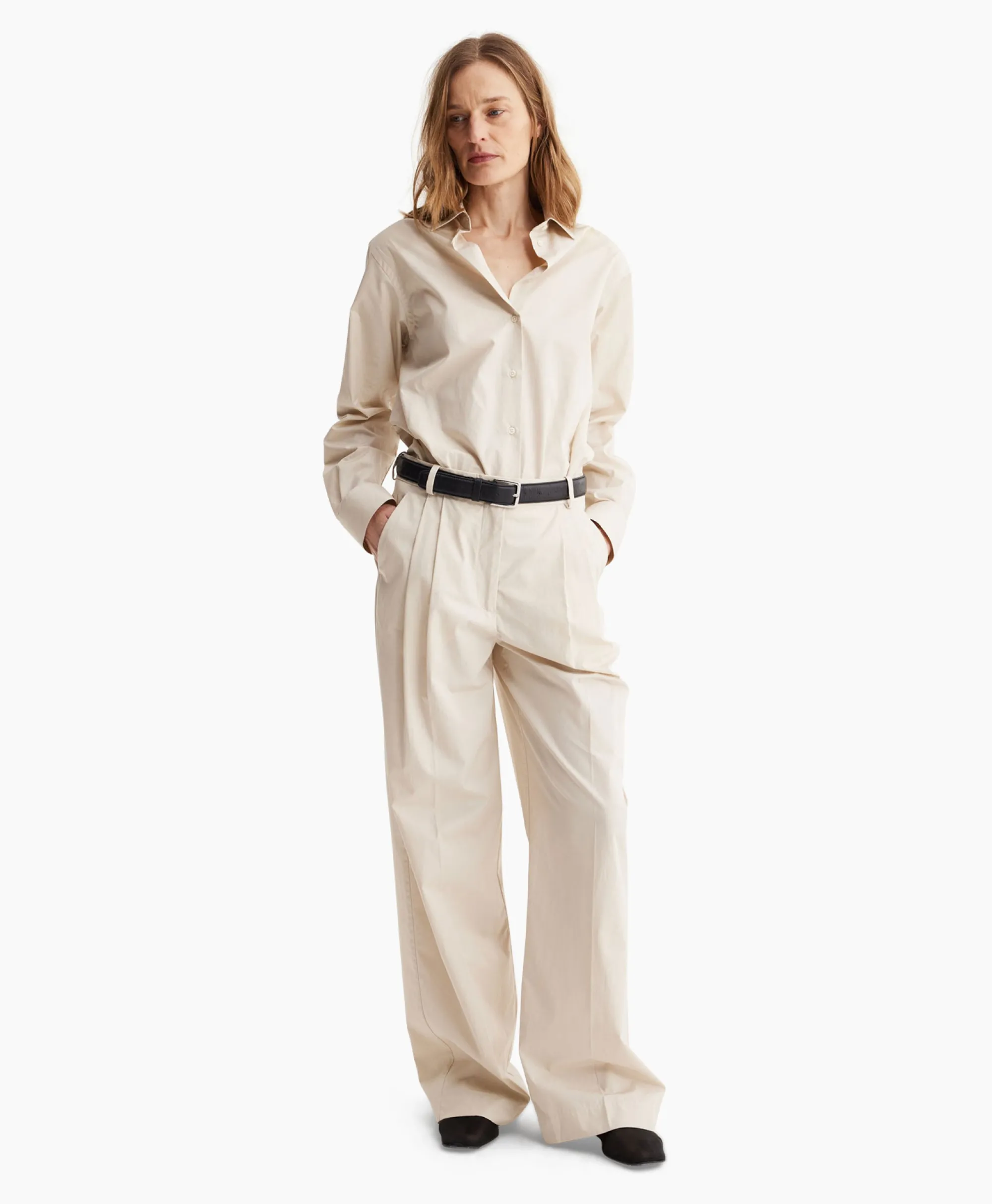 New Pantalon Wide Leg Pleated Chino Zand Dames Broeken