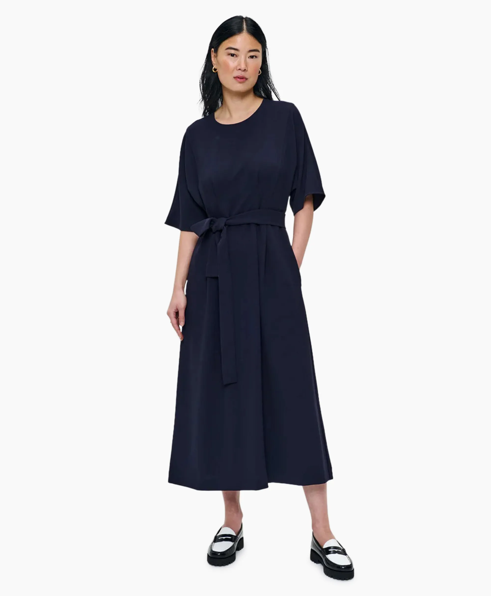 New Maxi Jurk Flowy Waisted Donker Blauw Dames Jurken