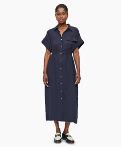 Clearance Maxi Jurk Fluid Shirt Donker Blauw Dames Jurken